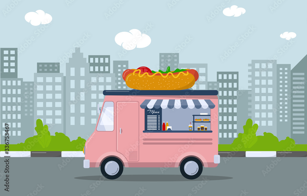 Naklejka premium Pink food truck with Hot Dog. Mobile cafe in the city