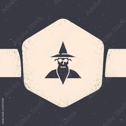 Grunge Wizard warlock icon isolated on grey background. Monochrome vintage drawing. Vector Illustration