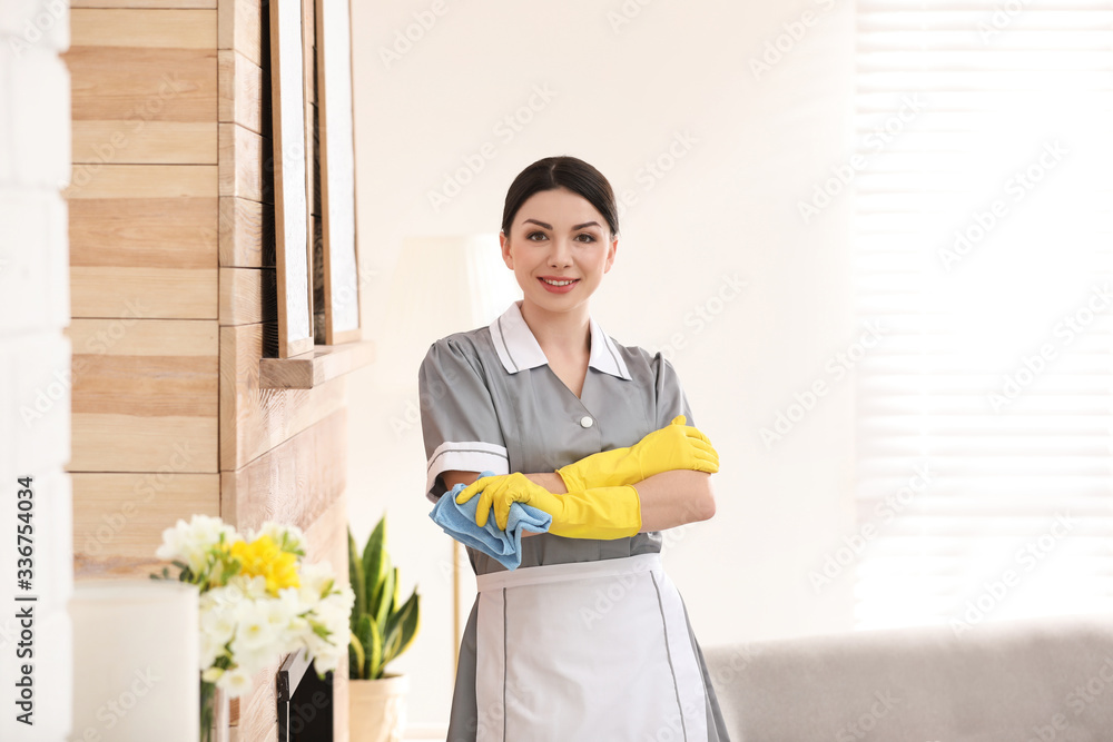 Young chambermaid with rag in hotel room Young chambermaid with rag in hotel room
