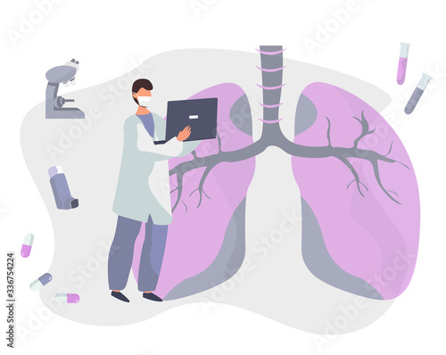 Doctor Working on Laptop. Examine Huge Lungs with Pathogen Microbes. Doctor Check Tuberculosis or Pneumonia Lung.
Microscope, Capsule,Test Tube, Inhaler on background. Flat Vector Illustration