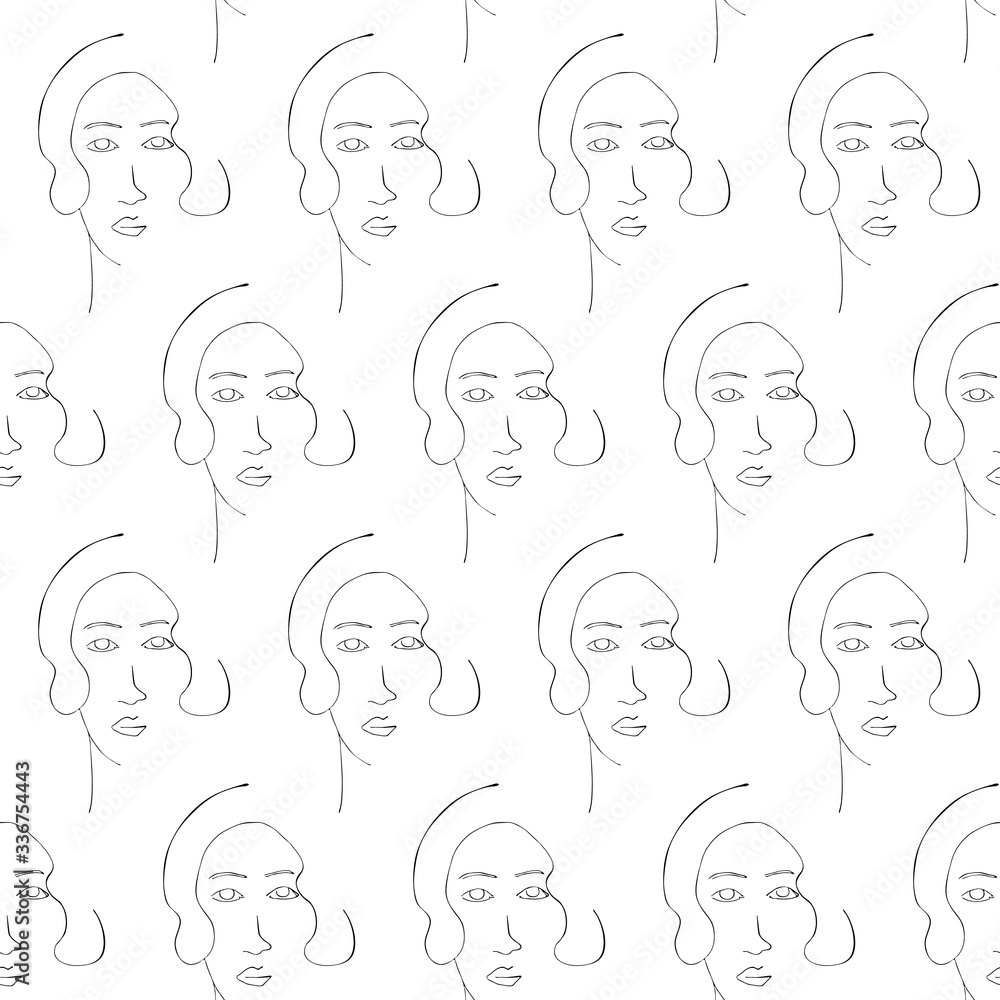 Seamless pattern with woman portrait. Linear graphic silhouette. Art of women face and hairstyle. Seamless pattern with woman portrait. Linear graphic silhouette. Art of women face and hairstyle.