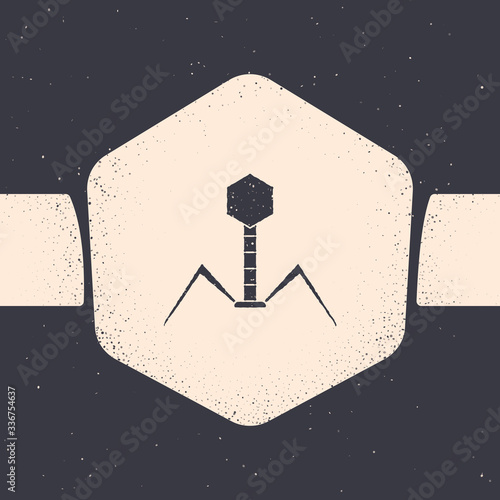 Grunge Bacteria bacteriophage icon isolated on grey background. Bacterial infection sign. Microscopic germ cause diseases concept. Monochrome vintage drawing. Vector Illustration
