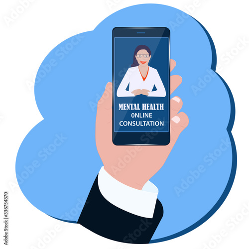 Doctor online consultation - Smartphone in male hand - vector. Quarantine. Self isolation. Mental health