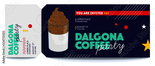 Vector illustration of Dalgona Coffee. Coffee with milk. Stir Coffee Concept. Dalgona Coffee Invitation template ticket