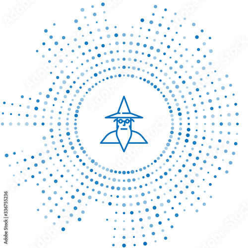 Blue line Wizard warlock icon isolated on white background. Abstract circle random dots. Vector Illustration