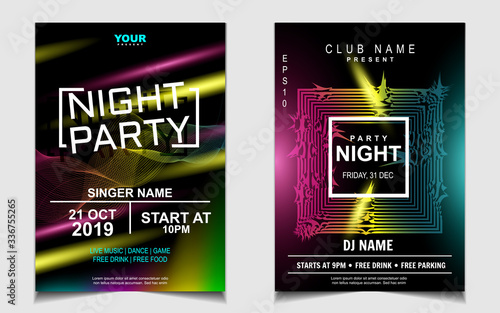 Night dance party music layout design template background with dynamic gradient style. Colorful electro style vector for concert disco, club party, event flyer invitation, cover festival poster