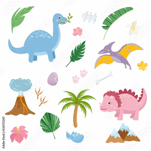 Set of cute dinosaurs isolated on white background. Kids illustration. Funny cartoon Dino collection and prehistoric elements. Tropical leaves  volcano  dino eggs.