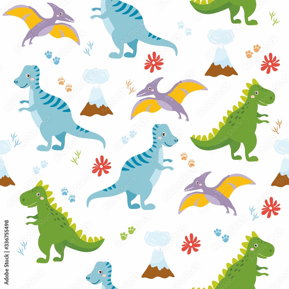 Fototapeta premium Seamless pattern with cute dinos. Cute dinosaurs isolated on white background. Kids illustration. Funny cartoon dino and prehistoric elements.