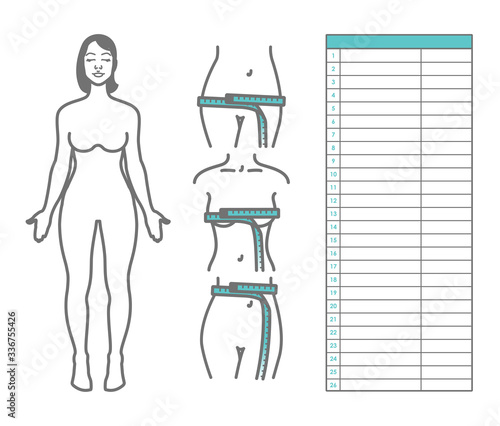 Woman body measurement. Scheme of measurement human body. Table for entries and notes. Vector template for sewing clothes, dieting, fitness