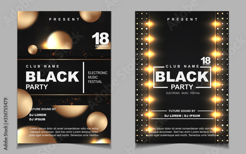 Night dance party music layout design template background with elegant black and gold style . Colorful electro style vector for concert disco, club party, event flyer invitation, cover festival poster