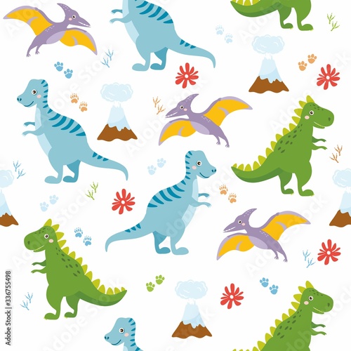 Seamless pattern with cute dinos. Cute dinosaurs isolated on white background. Kids illustration. Funny cartoon dino and prehistoric elements.