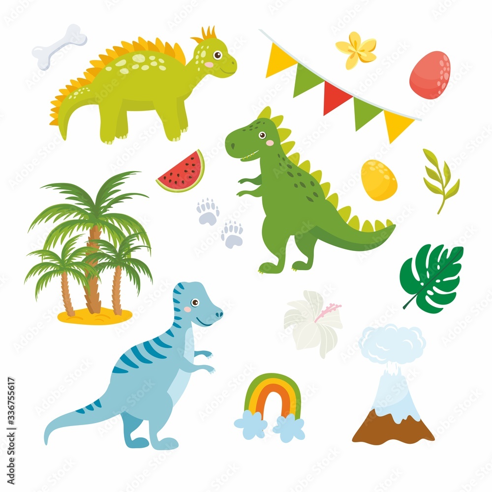 Obraz premium Set of cute dinosaurs isolated on white background. Kids illustration. Funny cartoon Dino collection and prehistoric elements. Tropical leaves, volcano, dino eggs.