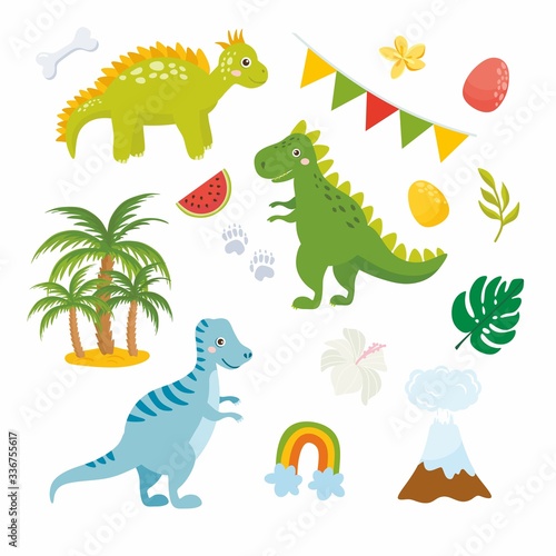 Set of cute dinosaurs isolated on white background. Kids illustration. Funny cartoon Dino collection and prehistoric elements. Tropical leaves, volcano, dino eggs.