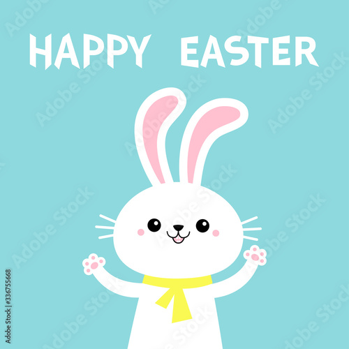 Happy Easter. Rabbit bunny holding paw print hands up. Yellow scarf. Cute cartoon kawaii funny baby character. White farm animal. Blue background. Isolated. Flat design