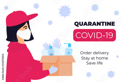 COVID-19. Humanitarian aid. Supply of medical protective masks, gloves and disinfectants. Coronavirus epidemic. Delivery girl delivering parcel
