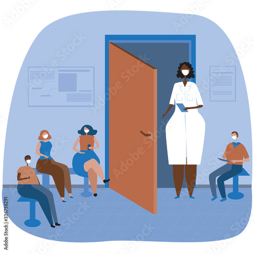 Big Doctor and small patients in the corridor while visiting a medical clinic or hospital, flat stock vector illustration with therapist and door as a waiting concept © Vikkymir Store