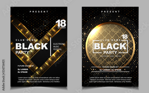 Night dance party music layout design template background with elegant black and gold style . Colorful electro style vector for concert disco, club party, event flyer invitation, cover festival poster