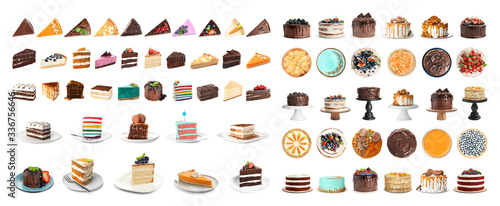 Set of different delicious cakes isolated on white. Banner design photo