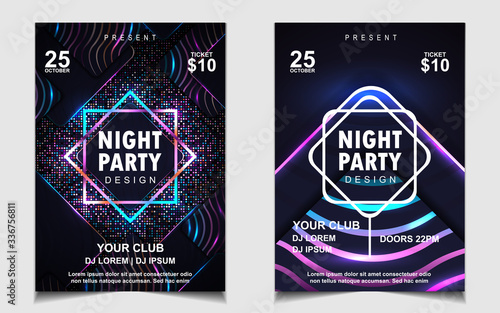 Night dance party music layout design template background with elegant style blue wavy. Colorful electro style vector for concert disco, club party, event flyer invitation, cover festival poster