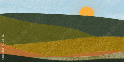 Natural Green landscape with lawn grass field texture,Vector minimarural nature with a meadow on hills and bright color of blue sky on sunny day,flat art cartoon style for Spring and summer background