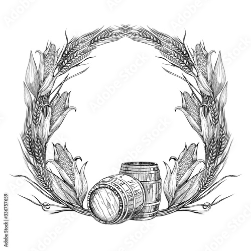 Drawn labels of alcoholic beverages for whiskey, bourbon, moonshine. Black and white graphic frame. Emblem of alcoholic beverages