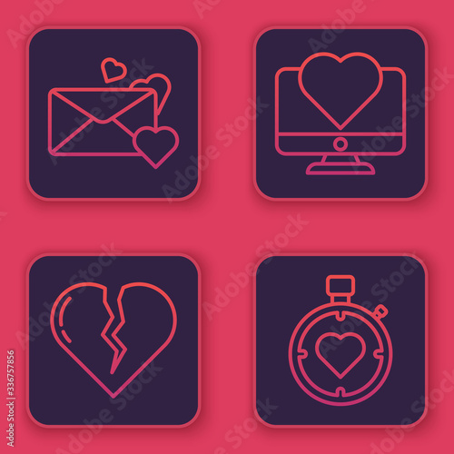 Set line Envelope with heart, Broken heart or divorce, Computer monitor with heart and Heart in the center stopwatch. Blue square button. Vector