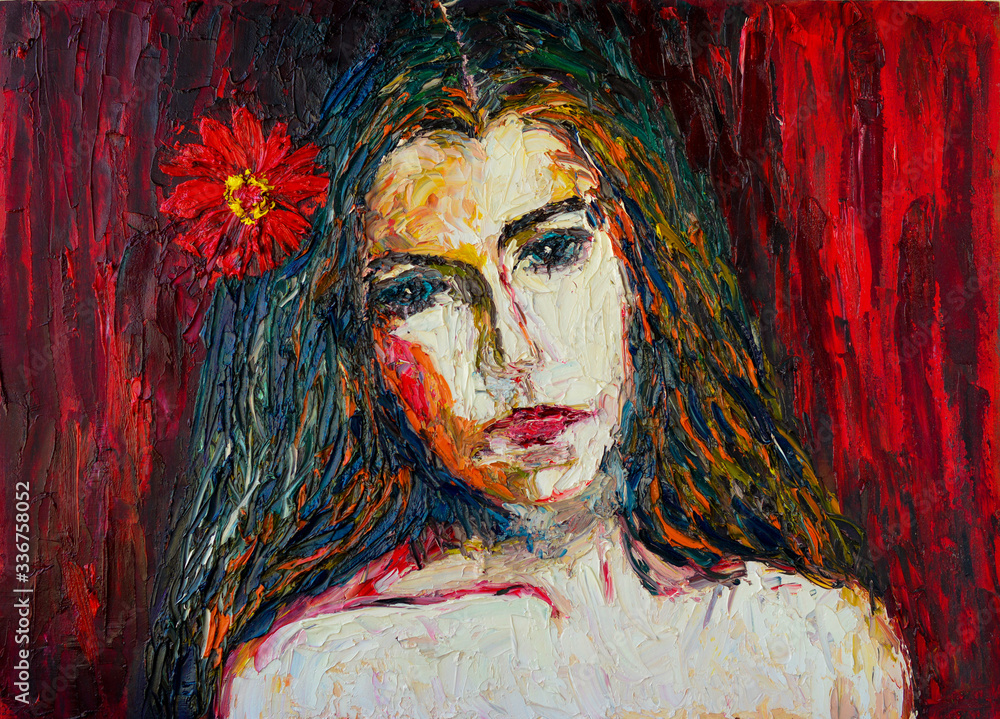 oil painting. girl with a red flower