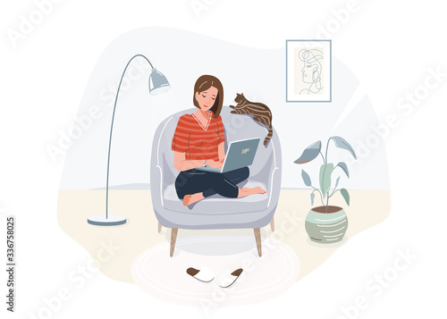 Elearning study, work at home, online education concept design. Girl with laptop sitting on the armchair at her house, dressed in home clothes. Vector illustration isolated on white background