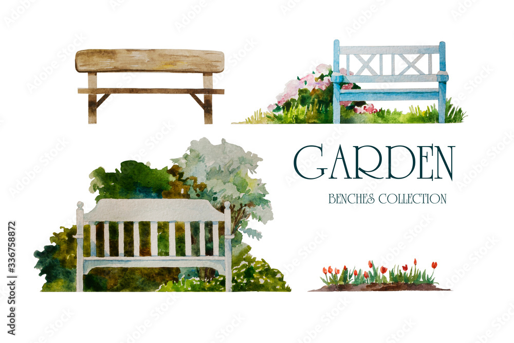 Set of watercolor garden benches for landscape design, hand painted in fromt view and isolated on white background.