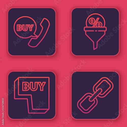 Set line Phone and speech bubble with Buy, Buy button, Lead management and Chain link. Blue square button. Vector