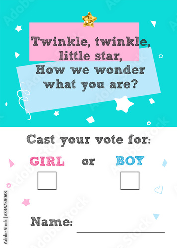 Twinkle twinkle little star. Girl or boy? Gender reveal party card, banner vector element  design