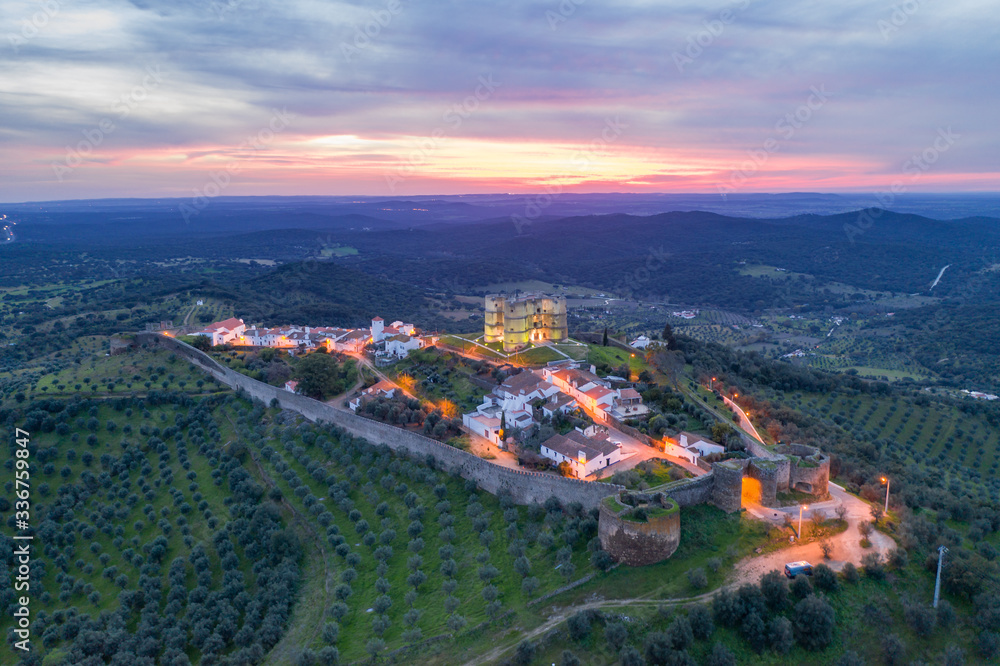 Obraz premium Evoramonte drone aerial view of village and castle at sunset in Alentejo, Portugal