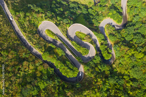 Drone view of winding road on mountain in Taiwan