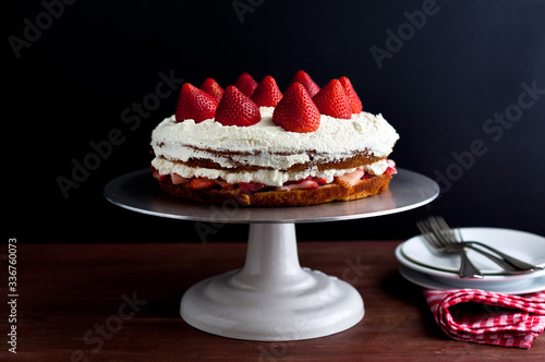 Strawberry shortcake on cake stand
