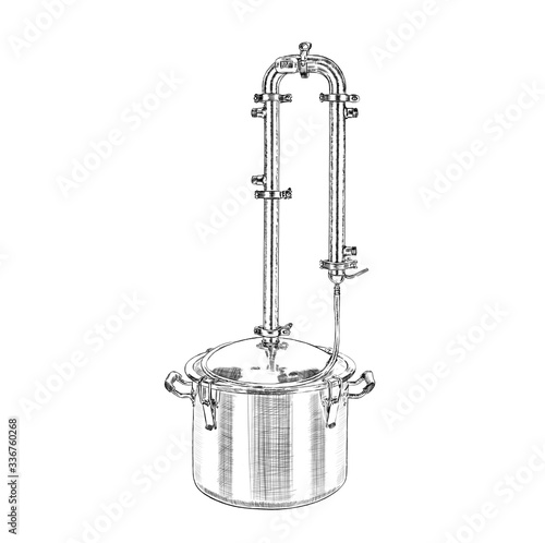 sketch of distiller on a white background. engraving or drawing.