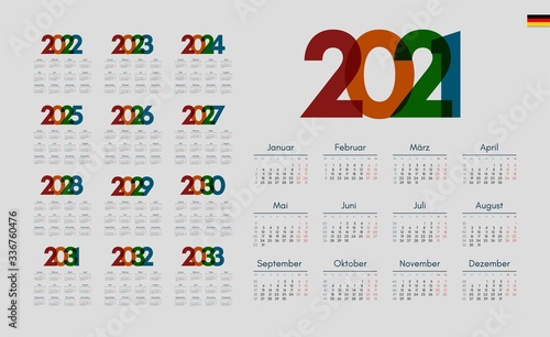 German calendar for years 2021-2033, week starts on monday