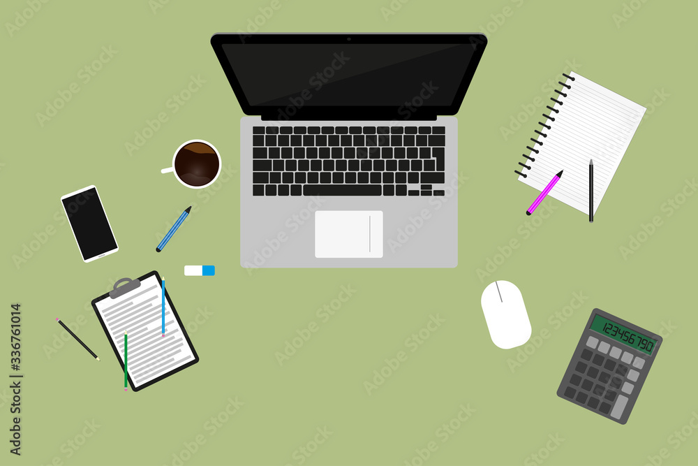 Freelancer workspace, workspace top view. Home and home office concept. The concept of freelance jobs and vacancies. Laptop, smartphone coffee cup, notepad with pens and pencils on the table Freelancer workspace, workspace top view. Home and home office concept. The concept of freelance jobs and vacancies. Laptop, smartphone coffee cup, notepad with pens and pencils on the table