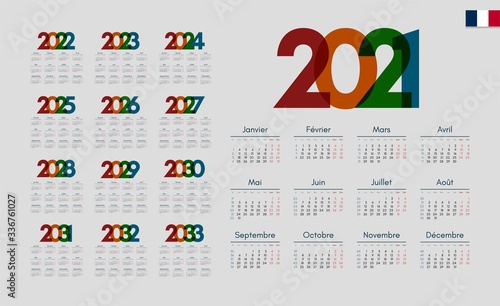 Franch calendar for years 2021-2033, week starts on monday