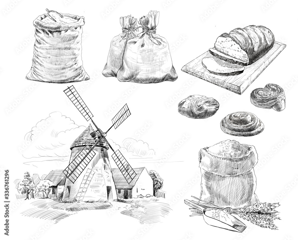Collection of natural elements bread, grain, mill, flour, baking