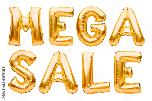 Words MEGA SALE made of golden inflatable balloons isolated on white background. Helium balloons gold foil forming phrase super sale. Discount and advertisement