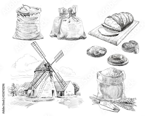 Collection of natural elements - bread, grain, mill, flour, baking sketch illustration - Black and white graphics
