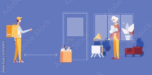Contactless delivery of food for old woman or pensioner. Concept scene with distance to courier about safety while coronavirus covid-19 pandemic