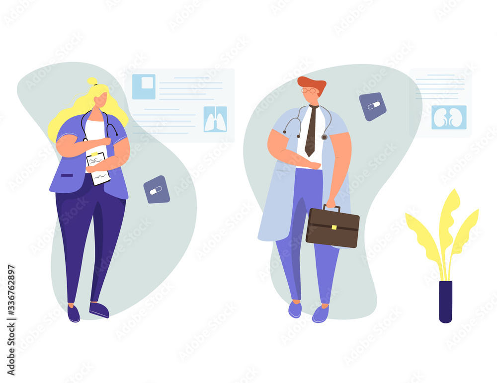 Doctors in the hospital on blue background. Clinic with doctors, nurse, health care. Background with medical posters. Colorful vector illustration in modern flat style.