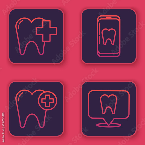 Set line Dental clinic for dental care tooth, Tooth, Online dental care and Dental clinic location. Blue square button. Vector