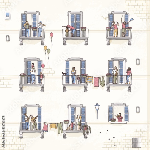 Illustration of tiny people at home in quarantine, making music from their balconies, coronavirus pandemic 2020