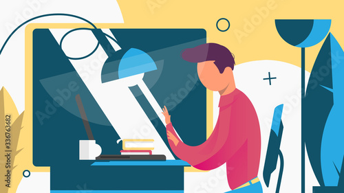 Work from home, editable vector illustration. Young man working from home on his laptop. Coronavirus, social distancing, telework and smart working concept