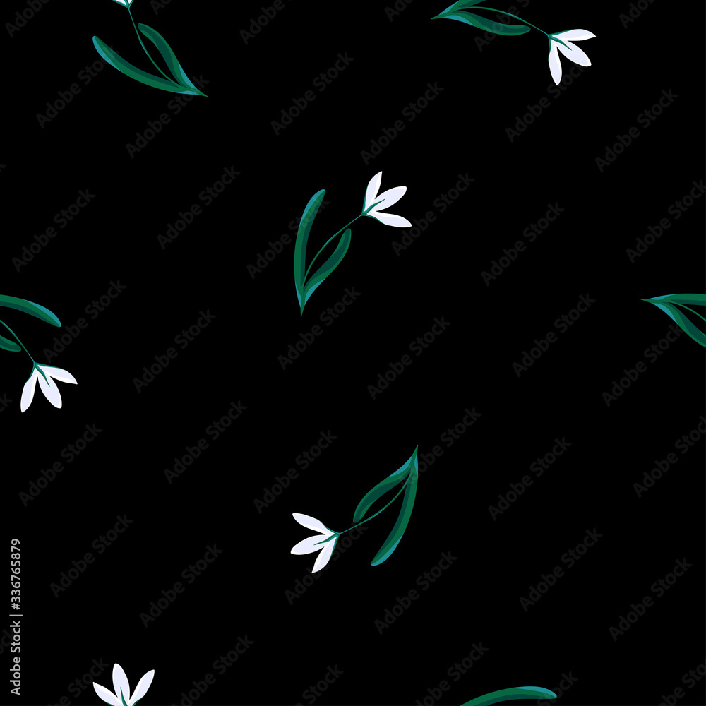 Obraz premium Seamless pattern with snowdrops on a black background.