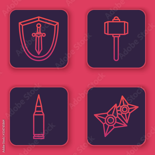 Set line Medieval shield with sword, Bullet, Battle hammer and Japanese ninja shuriken. Blue square button. Vector