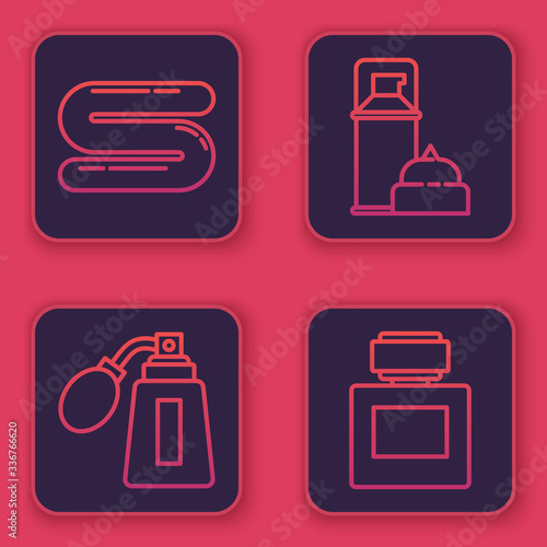 Set line Towel, Aftershave bottle with atomizer, Shaving gel foam and Aftershave. Blue square button. Vector