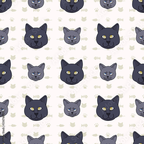 Cute cartoon British shorthair cat and kitten face seamless vector pattern. Pedigree kitty breed domestic kitty background. Cat lover English purebred all over print. Feline EPS 10. 